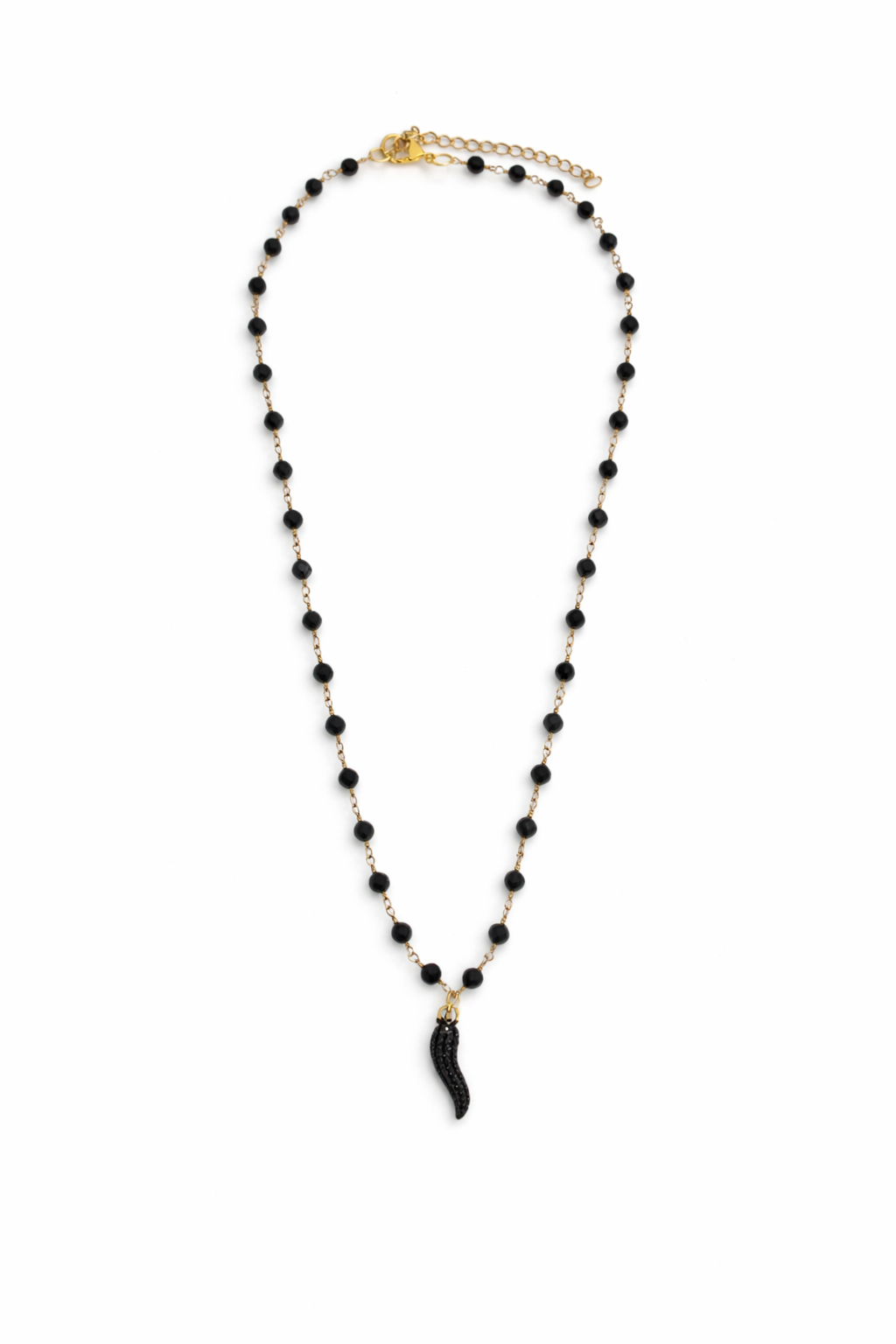 Cadena rosario negra con guindilla de la suerte